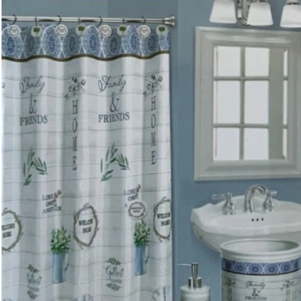 Modern Farmhouse Fabric Shower Curtain White Blue Multicolor 72 in X 72 in
